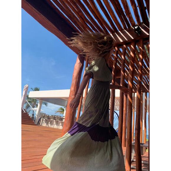 Maxi Dress T. ZOVICH Floral Green Purple Floral Mixed Media Smocked Chiffon Trim - Picture 7 of 10